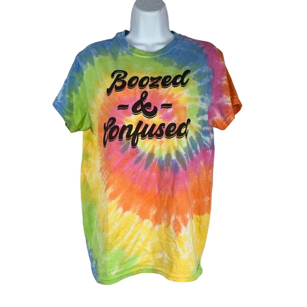 Colortone Women's Tie Dyed Boozed and Confused Crew Neck T-Shirt Size S